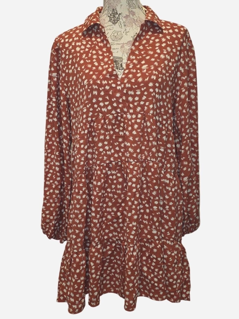 Umgee Rust & White Printed Long Sleeve Tiered Dress - Picture 1 of 2